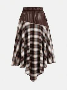 Sweetra Plus Size Fashionable Commuter Plaid Patchwork Asymmetric Hem Skirt - Multicolor - View 2