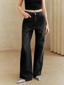 Anewsta Women's Elegant Romantic Rhinestone Embellished Black Straight Leg Jeans, Spring/Summer - Black - View 6