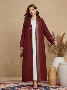 Al Najma Women's Retro Color Block Loose Long Abaya Robe, Suitable For Daily Commute - Redwood - View 4