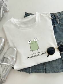 INAWLY Plus Size Overprinted Frog Graphic Weird & Funny Women Short Sleeve T-Shirt - White - View 1