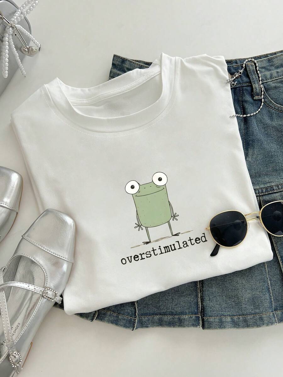 INAWLY Plus Size Overprinted Frog Graphic Weird & Funny Women Short Sleeve T-Shirt - White - View 1