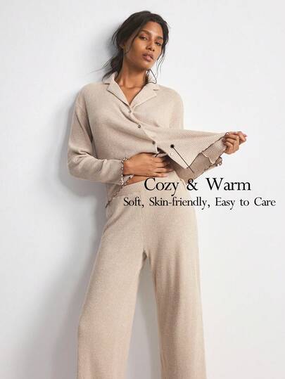 Ocili Leisure Soft Waffle Knit Collar Long Sleeve Pants Pajama Set For Women, Comfortable & Chic Autumn/Winter Sleepwear