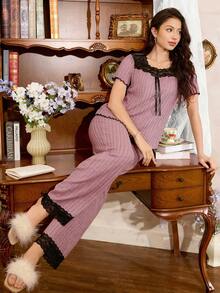 Côtesoire Conjunto de pijama francês casual com detalhes em renda e mangas curtas - Rosa - Ver 7
