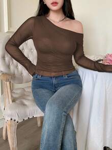 Modelyn Women's Black Solid Color Mesh Contrast Mesh Printed Asymmetric Ruched Plus Size T-Shirts - Coffee Brown - View 4