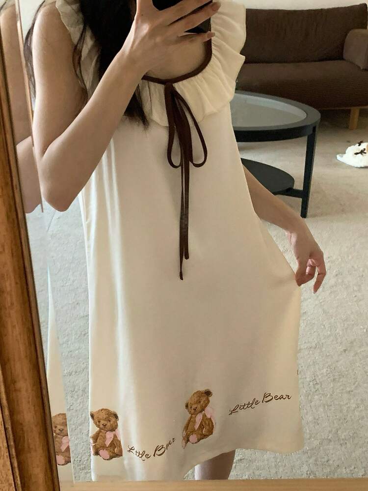 Women's Bear Print Ruffle Collar Nightgown Sleepwear Dress