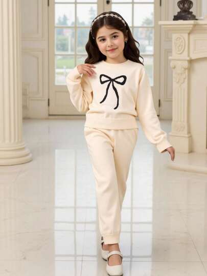 Tween Girls Butterfly Jacquard Pattern Crew Neck Pullover Sweater + Sweater Pants Set, Soft & Comfortable, Suitable For Daily, Outdoor, Travel, Vacation, Home, Daycare, And Tween Girl Play Wear Girls Lounge Set 2 Piece Girl Sets Twenn Girl Clothes Set Two Piece Cute Set Kids Bow 2 Piece Set Bow Clothes Kids Collar Neck Unisex Long Pajama Sets Cotton Girls Spring And Autumn Suit Girls Bow Pajamas