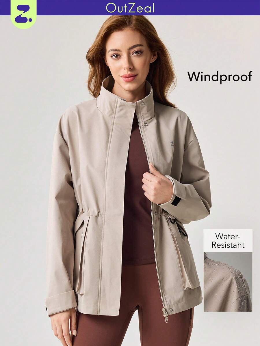 Women Outdoor Jacket Solid Color Hiking Camping Drawstring Waist Hooded Outdoor Top Spring - Khaki - View 1
