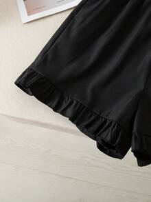 SHEIN Teen Girl Bow Collar Ruffle Trim Blouse And Shorts Set,Soft Comfortable Black And White,Summer,Y2k,Holiday,Back-To-School Tween Clothes For Girls - Black and White - View 8