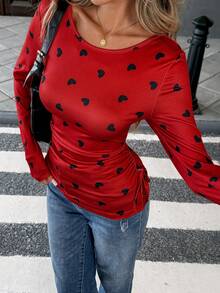 Pariaura Women's Casual Red Random Heart Print Ruched Long Sleeve Round Neck T-Shirt - Red - View 6