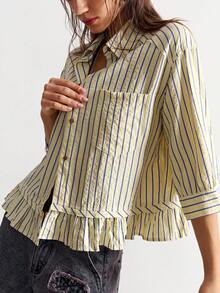 Bohemela 夏季休闲度假条纹荷叶边宽松女式衬衫，女士外出上衣，夏季假日，沙滩装 - 鵝黃色 - 查看 4