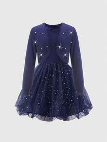 Tween Girl Elegant Party Beaded Decor Jacket & Sequin Mesh Patchwork Dress Set - Blue - View 6