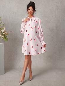 Momance 孕妇优雅浪漫心形蝴蝶结印花连衣裙，春秋季 - 粉色 - 查看 1