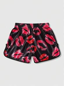 ROMWE MEN Street Life Men's Elastic Waist Lip Print Casual Versatile Daily Sports Outdoor Shorts, Spring/Summer - Black - View 2