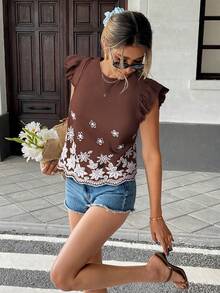 Serisse Áo cánh rộng rãi in họa tiết hoa giản dị có khoét nách dành cho nữ, thích hợp cho kỳ nghỉ hè ở bãi biển - màu nâu - Xem 3