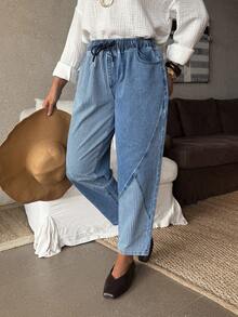 EMERY ROSE Mature Denim Women's Drawstring Waist Pocket Tapered Casual Versatile Jeans,Valentine's Day - Blue - View 2