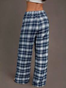 Siren Gaze Women's Casual Elastic Waist Drawstring Straight Loose Lounge Pants Blue Plaid Pants Spring - Navy Blue - View 2