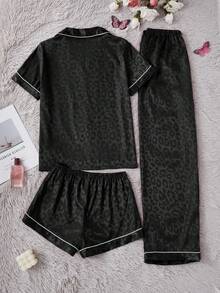 LuxeNights 3pcs Women Elegant Leopard Jacquard Collar Short Sleeve Shorts & Long Pants Faux Silk Pajama Set - Black - View 2