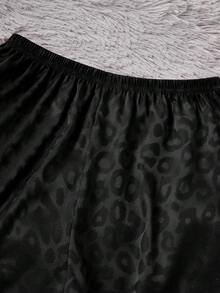 LuxeNights 3pcs Women Elegant Leopard Jacquard Collar Short Sleeve Shorts & Long Pants Faux Silk Pajama Set - Black - View 5