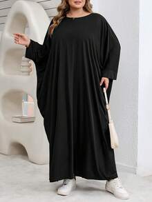 SHEIN CURVE+ 大码女式休闲宽松舒适日常基础款修身黑色七分袖连衣裙，简约风格，大码连衣裙，女士教堂礼服，户外服装/2026/新年 - 黑色 - 查看 4
