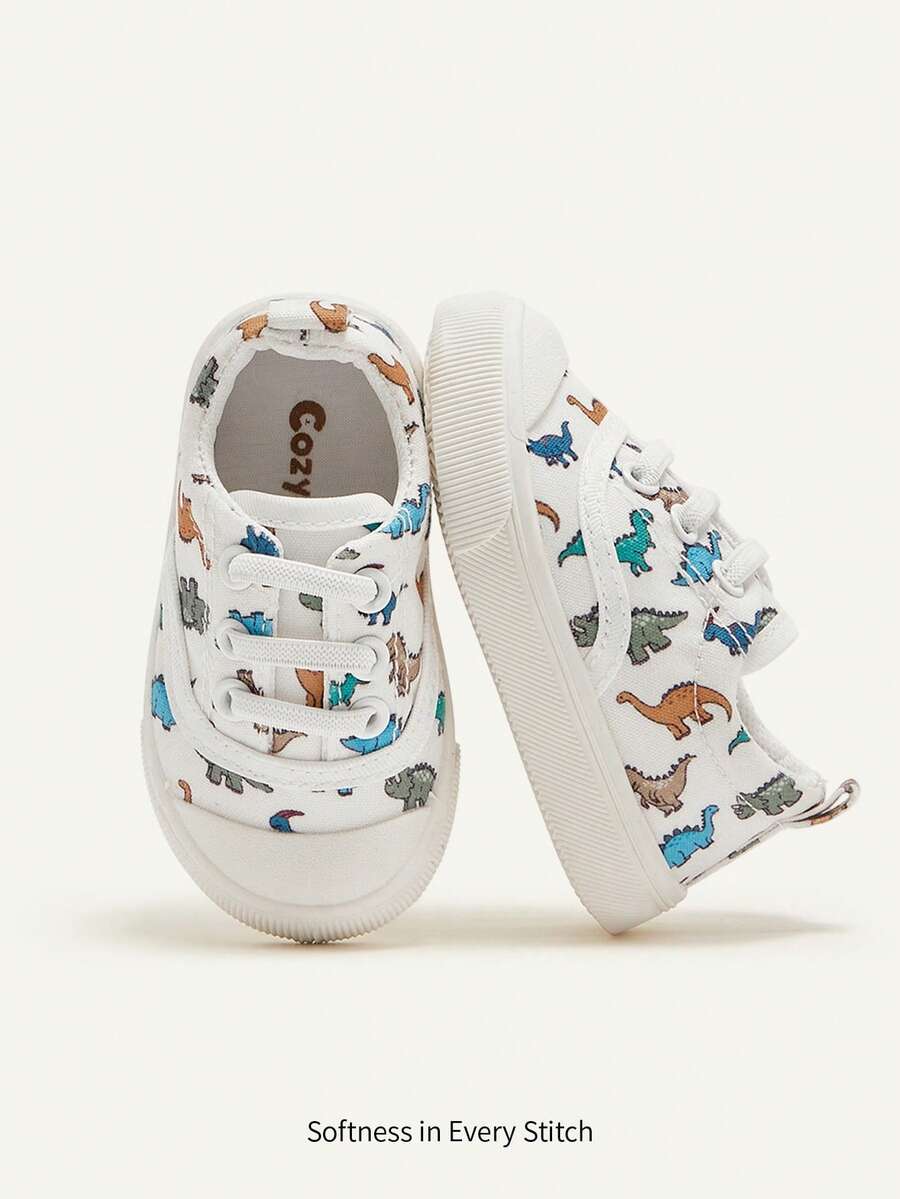 Cozy Pixies 1 Pair Toddler Boys' Cartoon Dinosaur White Fashionable Lace-Up Casual Lightweight Sneakers, Suitable For Daily Wear, Spring/Autumn - Multicolor - View 1