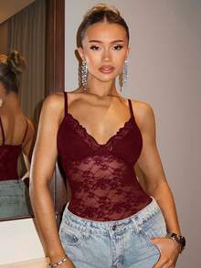 SHEIN BAE Women's Black Low Cut Lace Sexy Suspender Adjustable Bodysuit For Valentine's Day Women's Outfits, Women's Spring Outfits, Valentine's Day Outfits - Burgundy - View 1