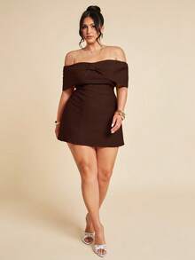 SHEIN BAE Plus Size Women's Elegant Open Shoulder Bow-Tie Cocktail Dress, Suitable For Party, Date Night, Clubbing In Autumn & Winter - Coffee Brown - View 6
