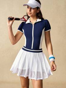 VARSIVA Đầm thể thao tay ngắn xếp ly cổ khóa kéo phối màu cho nữ kèm quần short - Nhiều màu - Xem 9