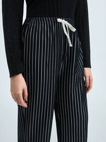 2件套女士夏季休闲褶皱竖条纹冰丝针织睡衣舒适裤，春夏秋季，秋冬服装