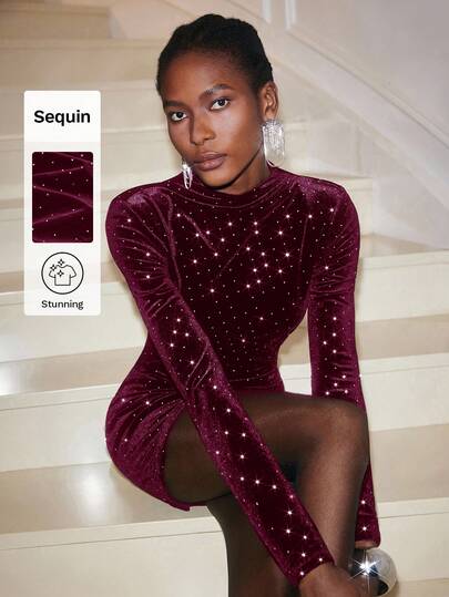 Maija Women's Party Rhinestone Embellished Bodycon Mini Dress, Elegant Office Wear, Music Festival, Valentine's Day, Summer Party Dress