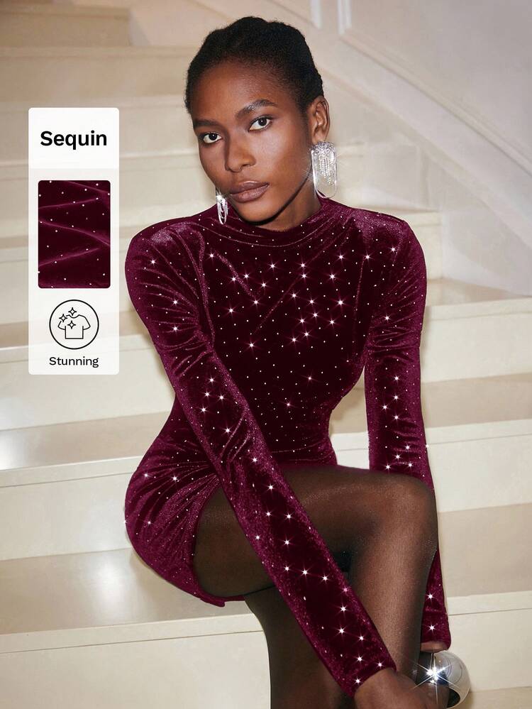 SHEIN Maija Women's Party Rhinestone Embellished Bodycon Mini Dress, Elegant Office Wear, Music Festival, Valentine's Day, Summer Party Dress