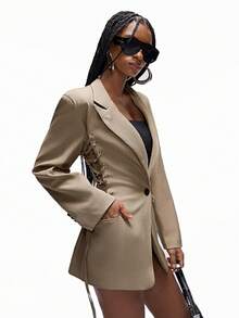 Aveloria Affinna Side Cinched Eyelet Lace-Up Adjustable Design Punk Chic Casual Versatile Women Blazer Jacket - Cadet Blue - View 4