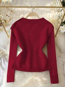 Franclia Áo khoác cardigan cổ tròn kim loại hình sao biển cỡ lớn thanh lịch, thắt eo, phong cách blogger, thiết kế châu Âu và Mỹ - Màu Đỏ Sâu - Xem 2