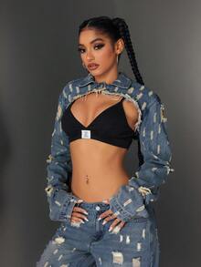 Jeanoix Women's Lapel Distressed Design Super Short Fashionable Versatile Vacation Long Sleeve Denim Jacket Y2k Clothes Women Tops Jeans Top - Blue - View 6