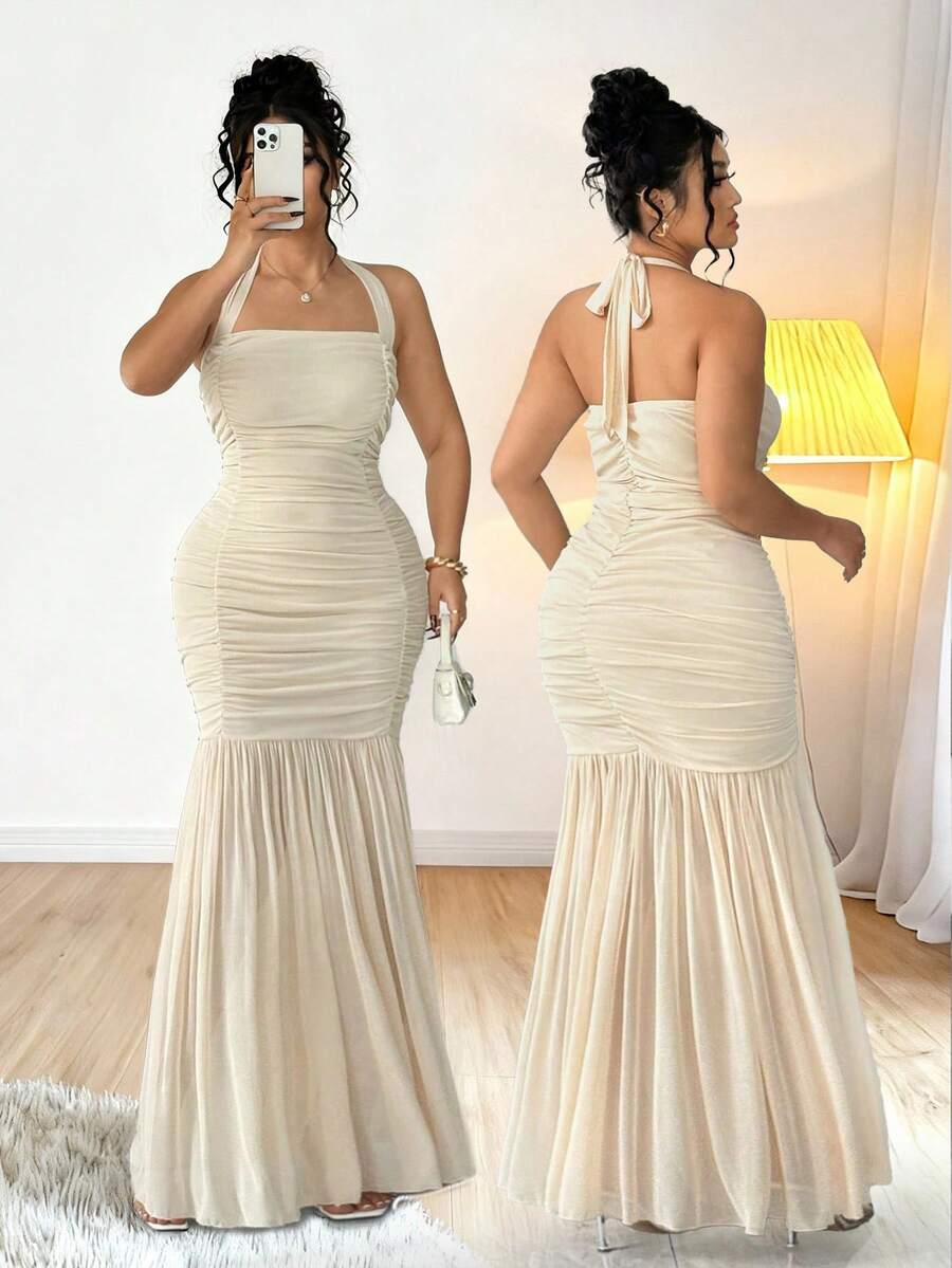 Elenzga 大码女式复古法式秋季针织弹力网纱腰部褶皱修身长裙，适合秋冬季节、返校季、毕业典礼、情人节、圣诞节、音乐节、母亲节、万圣节、感恩节、复活节、国庆节、舞会、约会派对、婚礼季、返校季、户外活动等场合。 - 杏色 - 查看 1