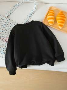 SHEIN Genkimix Kids Young Girls Casual Pink & Black Letter Slogan Print Long Sleeve Sweatshirt, Spring/Summer/Autumn/Winter - Black - View 2