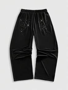 ROMWE MEN Street Life Pantalones de chándal casuales y holgados para hombres con decoración de rhinestones - Negro - Ver 6