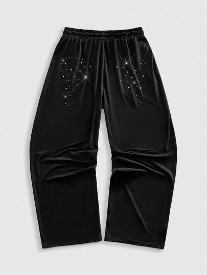 Street Life Pantalones de chándal casuales y holgados para hombres con decoración de rhinestones