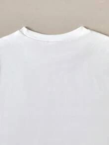 SHEIN 2件套幼儿男童撞色条纹圆领短袖上衣和纯色短裤套装 - 橘色 - 查看 5
