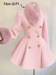 GlowEve Women's Elegant Furry Patchwork Double-Breasted Cinched Waist Jacket, Autumn/Winter