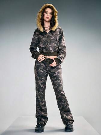 Grunge Punk Y2K Camouflage Muster Hoodie und Jogginghose 2-teiliges Set für Frauen