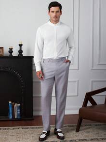 Core Aspect 男士纯色立领单排扣休闲长袖衬衫，秋冬白色领衬衫，男士衬衫，男士白色正装衬衫，男士白色衬衫，抗皱，易护理，免熨白衬衫，情人节礼物，男友礼物，男士结婚衬衫 - 白色 - 查看 7