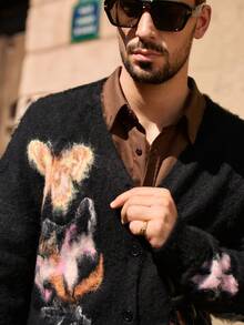 AKNOTIC Business Casual Men's Casual Butterfly Jacquard Drop Shoulder Long Sleeve Knitted Cardigan, Autumn/Winter, Grunge Style, Christmas - Black - View 2