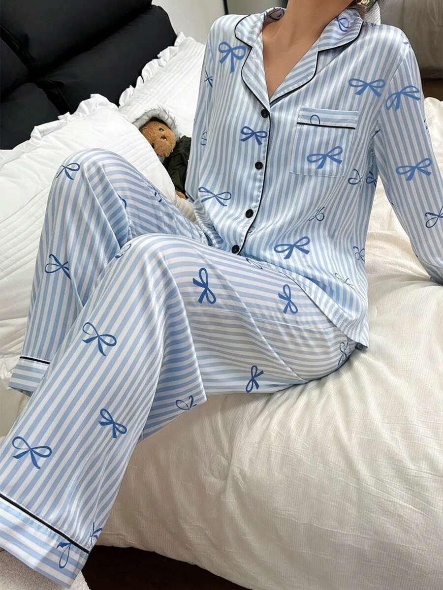 2pcs Women & Teen GirlElegant Plaid Satin Fabric Cardigan & Pants Casual Comfortable Pajama Set Bow Print Pajamas Teen Girls Pajamas-Pajama Set Notch Collar Long Sleeve Top With Bow Print Striped Lounge Pants Light Blue Piped Trim Home Wear All Season 2026 New Year Essential - Blue - View 1