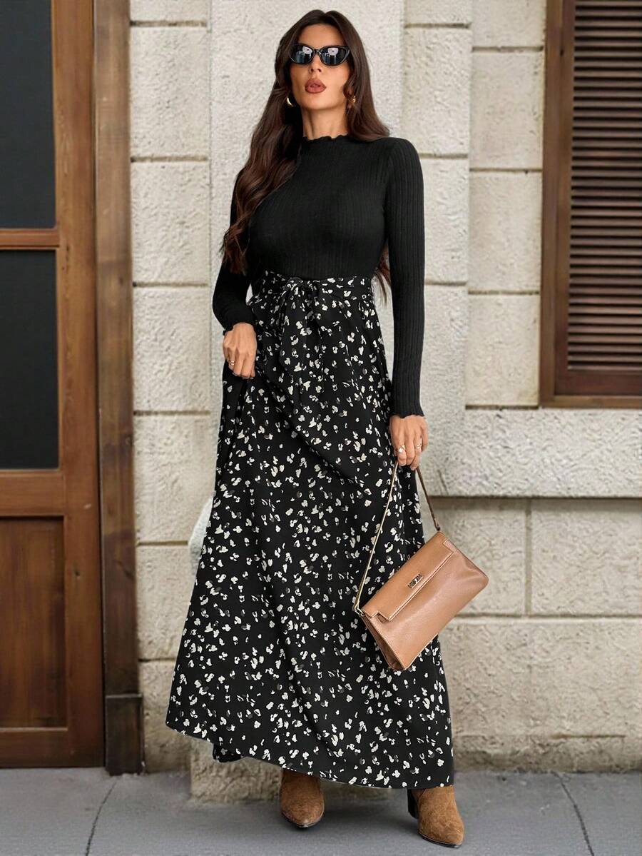 SHEIN Tall Đầm dài tay cổ đứng in hoa thanh lịch dành cho nữ, đầm maxi dài tay, đầm dài thường ngày, đầm maxi in họa tiết động vật, đầm maxi kín đáo, đầm maxi đen thắt eo, quần áo mùa thu cho nữ, đầm mùa thu cho nữ, đầm cho nữ, đầm thanh lịch cho nữ, đầm thanh lịch cho nữ, đầm dài in hoa thanh lịch, đầm dài tay thanh lịch - màu đen - Xem 1