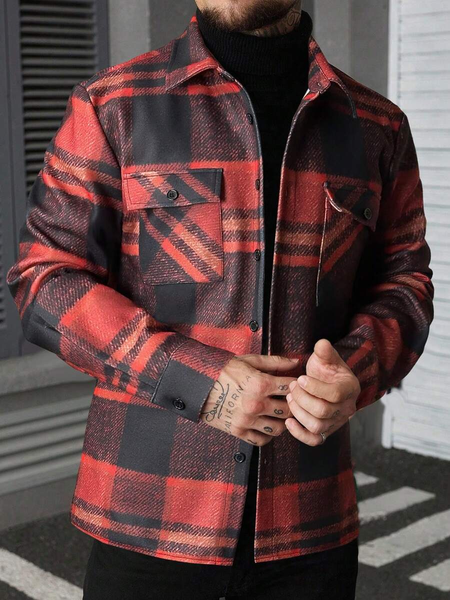 Manfinity Homme 男士格子翻领单排扣休闲百搭通勤长袖羊毛大衣 - 紅色 - 查看 1