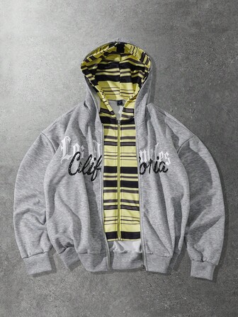 Men's Casual Letter Print Zip Front Hooded Sweatshirt With 2 In 1 Design