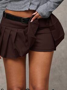 SHEIN BAE Women's Fashionable Versatile Solid Color Low Waist Pleated Mini Skirt - Coffee Brown - View 4