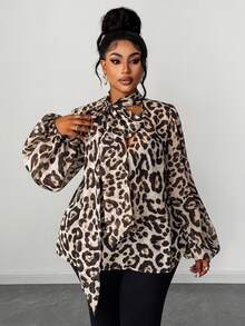 Maweii Plus Size Women's Leopard Print Sexy V-Neck Long Sleeve Blouse, Spring/Autumn - Multicolor - View 2
