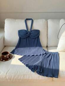 Comfortcana Solid Color Pleated Neck Halter Top & Shorts Set For Summer - Blue - View 10