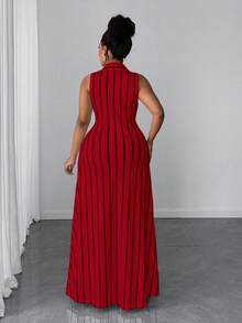 Maweii 大码女式休闲条纹针织扭结设计连衣裙 - 紅色 - 查看 2